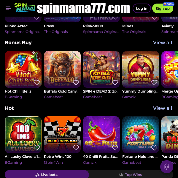 Sección de compra de bonos y juegos populares de Spinmama