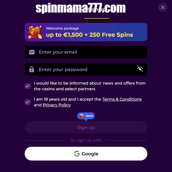 Modal de registo Spinmama